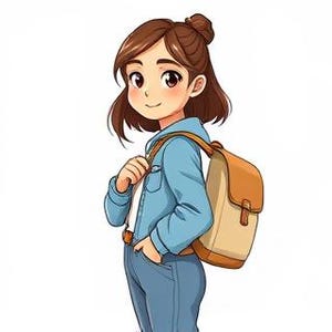 Może przedstawiać: Ilustracja młodej osoby z brązowymi włosami w kok, ubranej w jasnoniebieską kurtkę, niebieskie spodnie i beżowy plecak z brązową klapą. Osoba uśmiecha się i patrzy w stronę widza, z jedną ręką w kieszeni.