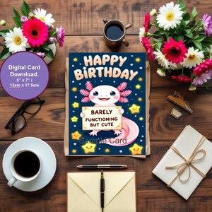 Tarjeta divertida de cumpleaños número 20 para ella, 5x7, tarjeta meme de la Generación Z, lindo ajolote, apenas funcional pero lindo, tarjeta de cumpleaños digital para mujer de 20 años