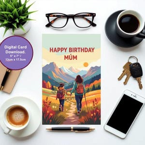 Cartão de Feliz Aniversário para Imprimir para Mamãe, Download Digital, Ilustração de Trilha Cênica, PDF Instantâneo, Interior em Branco, Modelo de Envelope