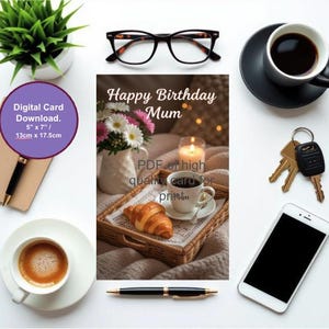 Digitale kaart gelukkige verjaardag moeder | DIY-kaart | Lege kaart | Ontbijt op bed | Digitale verjaardagskaart downloaden