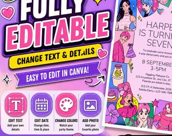Modello di invito di compleanno Kpop – Invito per festa per bambini a tema cartoni animati (Download immediato)