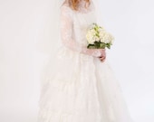 1950s wedding dress . 50s lace and tulle mid century wedding dress and veil