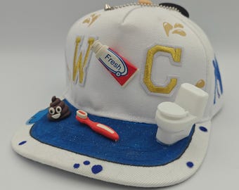 Snap and flush, toilet, funny, crazy, bathroom, white, custom designed snapback hat.