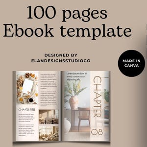 Może przedstawiać: Projekt szablonu ebooka z tekstem "100 pages Ebook template" i "Designed by ElandesignsstudioCo." Projekt zawiera makiety telefonu wyświetlającego układ ebooka i dwustronicową rozkładówkę ebooka.