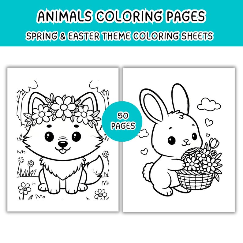 Puede incluir: Un conjunto de 50 p&aacute;ginas para colorear titulado ANIMALS COLORING PAGES SPRING & EASTER THEME COLORING SHEETS. Las p&aacute;ginas muestran dibujos en blanco y negro de un zorro con una corona de flores y un conejo con una cesta de flores.