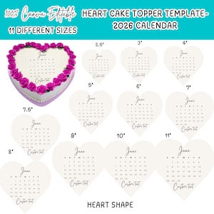 Peut inclure: Un modèle de décoration de gâteau en forme de cœur pour un calendrier 2026, disponible en 11 tailles différentes. Le design comprend un gâteau avec des roses roses et une mise en page de calendrier pour juin. Le texte "Custom Text" est également inclus.