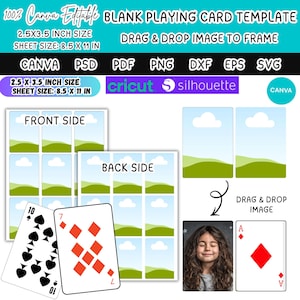 May include: A blank playing card template with the text "Blank Playing Card Template" and "Drag & Drop Image to Frame". The template includes front and back card designs, with a sheet size of 8.5 x 11 inches and card size of 2.5 x 3.5 inches.