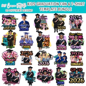 May include: A template bundle for kids' graduation fans and t-shirts. The image displays 20 different designs with graduation graphics, including the text "Congratulations Grad 2026" and student photos. The designs are 100% Canva editable.