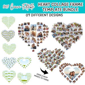 May include: A digital template bundle featuring seven heart-shaped collage designs. The templates are labeled as 100% Canva editable, with the option to drag and drop images into the frames. The designs include various arrangements of photo layouts.