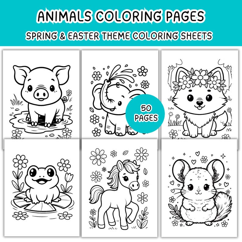 Puede incluir: P&aacute;ginas para colorear en blanco y negro con animales lindos, incluyendo un cerdo, un elefante, un zorro, una rana, un pony y una chinchilla. El texto dice "ANIMALS COLORING PAGES" y "SPRING & EASTER THEME COLORING SHEETS". Un gr&aacute;fico circular indica "50 PAGES".