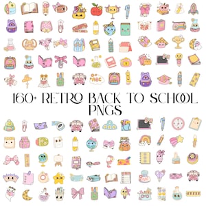 May include: A collection of colorful, retro-style back-to-school PNG graphics. The image features various school-themed illustrations, including backpacks, books, pencils, and other stationery items. The text "160+ RETRO BACK TO SCHOOL PNGS" is displayed prominently.