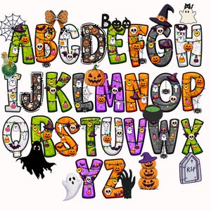 Op de afbeelding: Een decoratieve alfabetset met Halloween-thema letters van A tot Z. Elke letter is gevuld met kleurrijke patronen zoals pompoenen, geesten, schedels, vleermuizen, spinnen, snoepjes en toverdrankjes, geaccentueerd met lichtsnoeren en spinnenwebben.