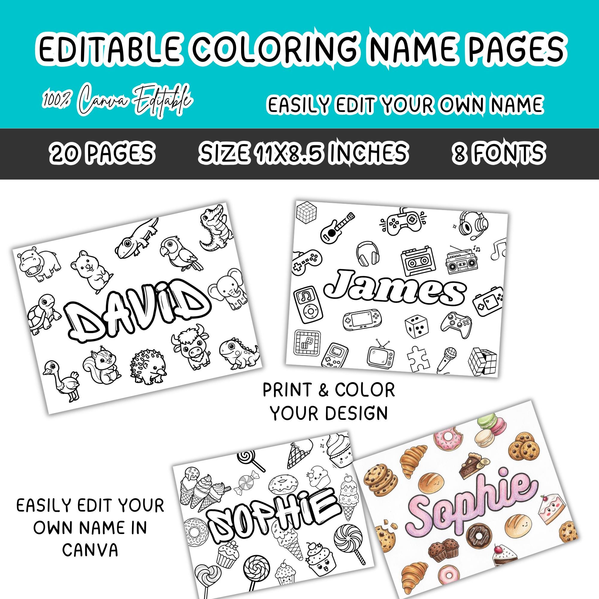 20 Custom Name Coloring Pages Bundle,canva Editable Coloring Name Color ...