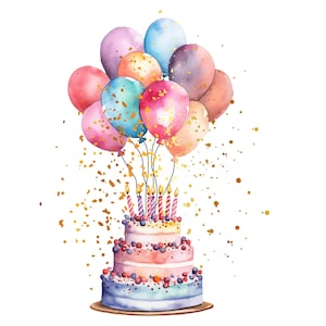 May include: Watercolor illustration of a birthday cake with lit candles, topped with colorful balloons and gold confetti. The cake has three tiers with pink, blue, and white frosting, and is decorated with berries. The balloons are in shades of pink, blue, purple, and orange.