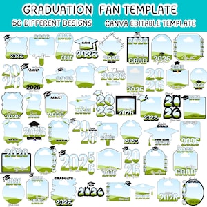 May include: A collection of 50 graduation fan templates with various designs. Each template features a graduation cap, the year 2026, and space for a name. The designs include different shapes and layouts, with a green and blue color scheme.