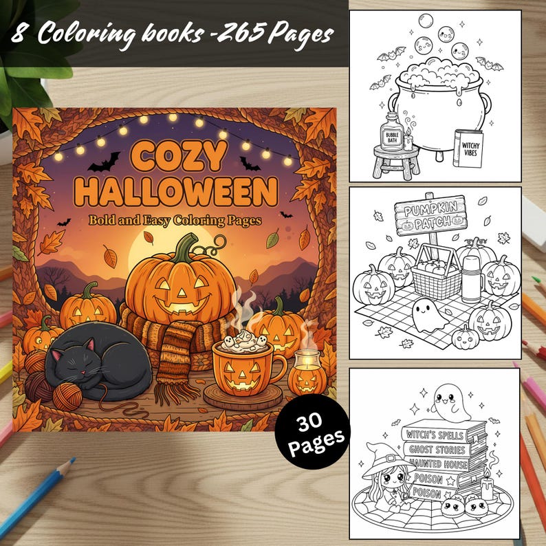 Halloween målarbokspaket 8 böcker 265 sidor Coco Wyo söt mysig läskig bekväm djärv enkla digitala målarbilder i PDF-format för barn tonåringar vuxna bild 9