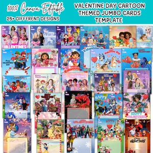 25+ Jumbo Valentine Card Template bundle,Cartoon themed Jumbo Pack Vday treat card,Canva Editable Classroom Vday gift cards Digital download