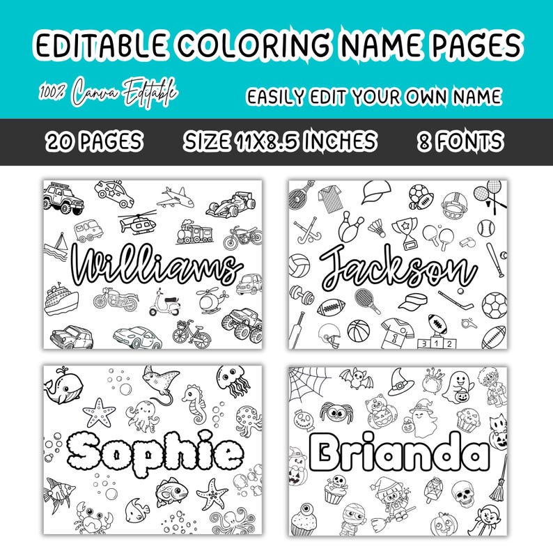 20 Custom Name Coloring Pages Bundle,canva Editable Coloring Name Color ...