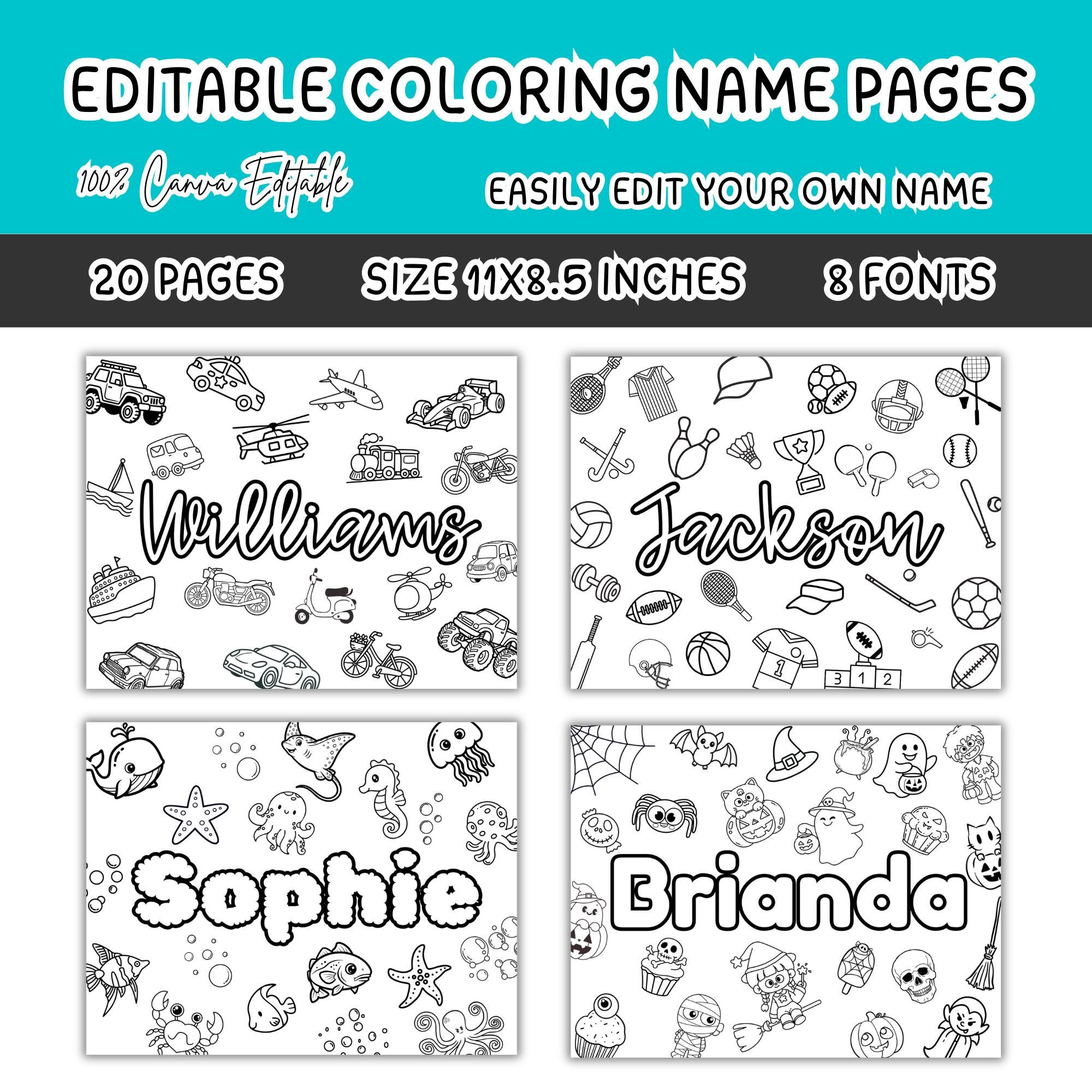 20 Custom Name Coloring Pages Bundle,canva Editable Coloring Name Color ...