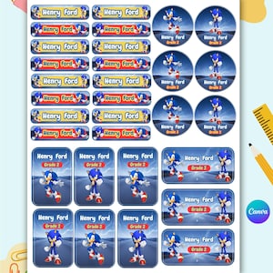 Può includere: Un foglio di etichette adesive con grafiche di Sonic the Hedgehog. Le etichette includono forme rettangolari e circolari con il testo Henry Ford e Grade 2. I disegni mostrano il personaggio blu su uno sfondo di fulmini blu.