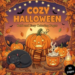 May include: A Cozy Halloween coloring book cover with a pumpkin wearing a scarf, a black cat, and a jack-o'-lantern mug. The cover features the text "Cozy Halloween" and "Bold and Easy Coloring Pages" with a background of a sunset and fall leaves.