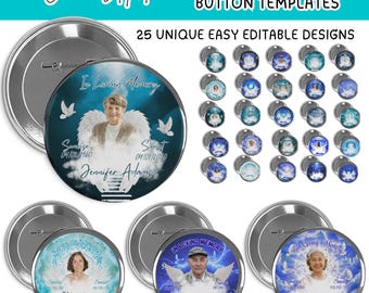 May include: A collection of 25 memorial blue pin button templates. Each button features a unique design with a photo, angel wings, doves, and the text "In Loving Memory". The buttons are Canva editable.