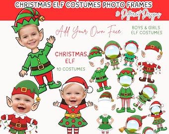 10x Christmas Elf Costumes Add Your Own Photo Face, DIY Elf Yourself PNG Bundle, Elf Face Blank Christ Craft,Xmas Bulletin Board Class Decor