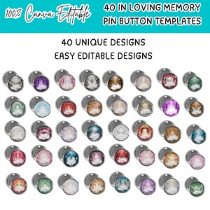 May include: A collection of 40 pin button templates with various designs, including images of angels and celestial scenes. The text on the image reads "40 IN LOVING MEMORY PIN BUTTON TEMPLATES" and "100% Canva Editable".