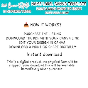 May include: A digital name label Canva template featuring 12 different pages with a sheet size of 8.5 inches by 11 inches. The text includes Name Label Canva Template, Drag & Drop Image to Frame, How It Works, and instructions for editing and downloading.