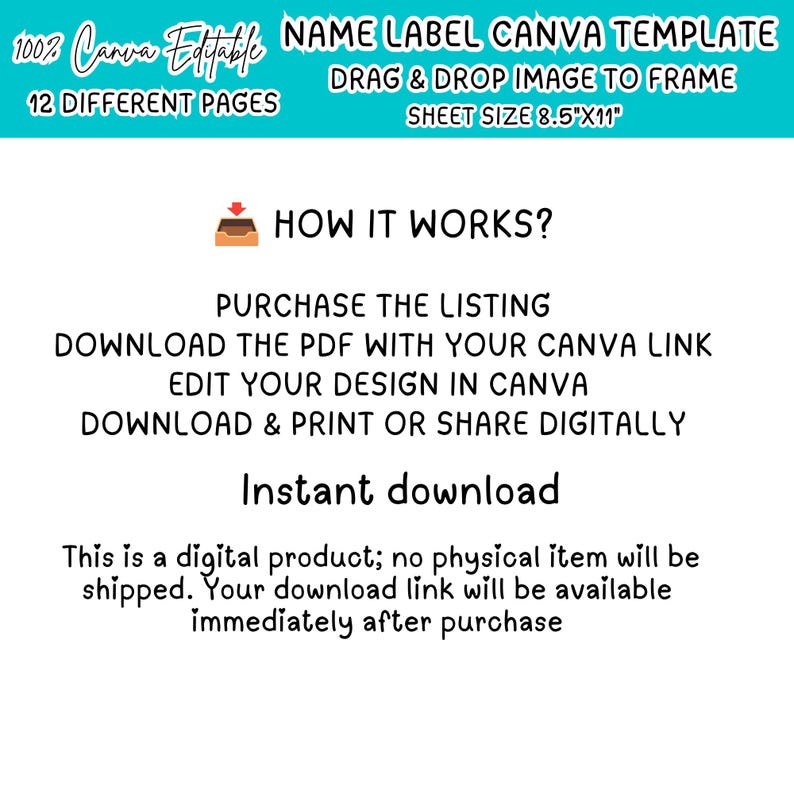 May include: A digital name label Canva template featuring 12 different pages with a sheet size of 8.5 inches by 11 inches. The text includes Name Label Canva Template, Drag & Drop Image to Frame, How It Works, and instructions for editing and downloading.