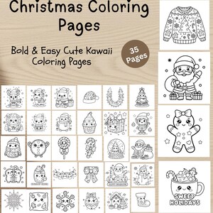 Könnte beinhalten: Eine Sammlung von 35 Weihnachtsmalvorlagen mit niedlichen Kawaii-Designs. Die Seiten zeigen verschiedene Illustrationen zum Thema Feiertage, darunter Weihnachtsmann, Schneemänner, Lebkuchenmänner und Ornamente. Der Text auf dem Bild lautet "Christmas Coloring Pages".