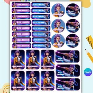 May include: A sheet of custom adhesive labels featuring the name Alexa Zaragoza. The sheet includes rectangular and circular stickers displaying a female character with purple hair in a yellow jacket, set against a cosmic background with nebula patterns.