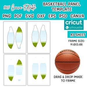 May include: Basketball panel template with a basketball and design elements. Includes a Spalding basketball, design templates, and text: "100% Canva Editable", "Basketball Panel Template", and "Drag & Drop Image to Frame".