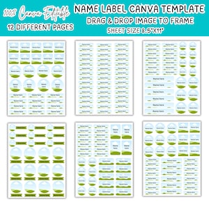 May include: A digital Canva template for name labels featuring 12 pages of customizable stickers. The labels display a landscape graphic with green hills and a blue sky. The text reads 100% Canva Editable, Name Label Canva Template, Drag & Drop Image To Frame, Sheet Size 8.5"x11".