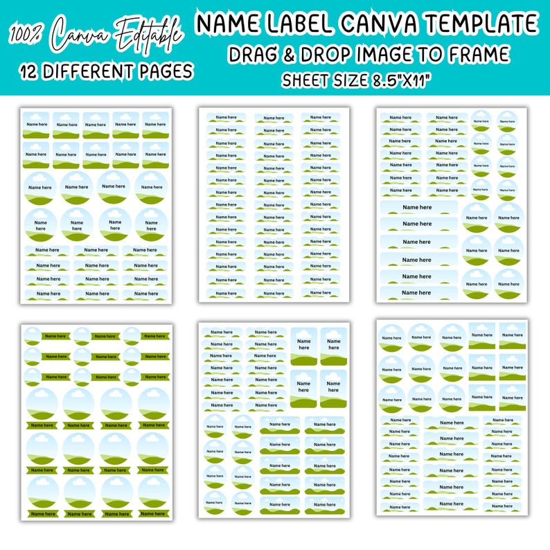 May include: A digital Canva template for name labels featuring 12 pages of customizable stickers. The labels display a landscape graphic with green hills and a blue sky. The text reads 100% Canva Editable, Name Label Canva Template, Drag & Drop Image To Frame, Sheet Size 8.5"x11".