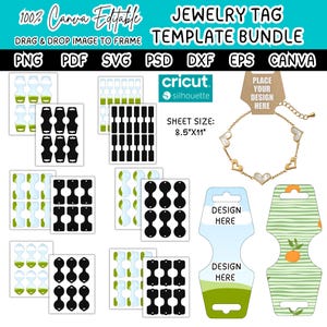 May include: A digital jewelry tag template bundle featuring various shapes for Cricut and Silhouette machines. Includes PNG, PDF, SVG, PSD, DXF, and EPS files. The sheet size is 8.5"x11". Displays multiple tag layouts, a bracelet example, and text.