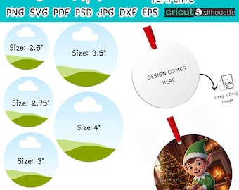 May include: Round ornament template with five different sizes: 2.5", 2.75", 3", 3.5", and 4". The design includes a white ornament with a red ribbon, and a sample image of an elf. Text includes "100% Canva Editable" and "Design Comes Here".