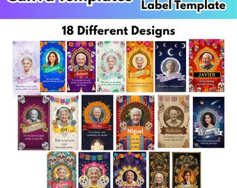 May include: A collection of 18 cylinder candle label templates with various designs. Each label features a portrait, name, and decorative elements like flowers, skulls, and celestial motifs. The text "Canva Templates" and "Cylinder Candles Label Template" are at the top.
