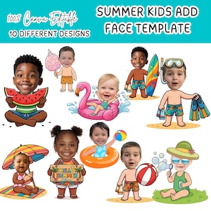 May include: A digital template featuring 10 editable summer-themed illustrations of children with customizable faces. The graphics include kids with watermelon, cotton candy, a pink flamingo float, surfboards, beach balls, and bubbles.