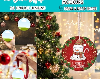 May include: A mockup image featuring round Christmas ornaments. The ornaments include a snowman design and blank templates for customization. Text on the image reads "100% Canva Editable," "30 Unique Designs," and "Round Ornaments Mockups."