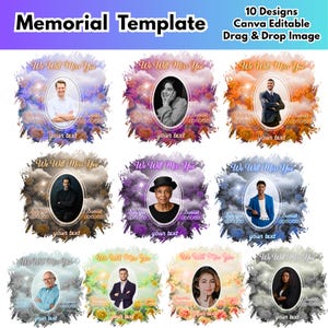Op de afbeelding: Een verzameling van tien herdenkingssjablonen met ovale portretten, bloemenachtergronden en de tekst "We Will Miss You". Elk ontwerp bevat ruimte voor aangepaste tekst en is Canva-bewerkbaar.