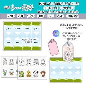 Könnte beinhalten: Eine Canva-editierbare Mini-Malbuchvorlage mit dem Text "MINI COLORING BOOKLET EDITABLE TEMPLATE". Das Design umfasst Drag & Drop-Bildrahmen, und die Blattgröße beträgt 21,59 x 27,94 cm. Verfügbar in PNG, PDF, SVG, DXF, EPS, PSD und Canva.