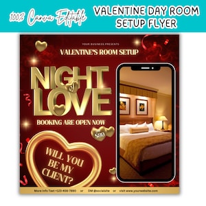 Editable Valentine's Day Room Setup Flyer,Shop Now Room Decor Hotel Booking Flyer,Hair/ Lashes DIY Canva Template,Custom Vday February Flyer