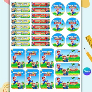 May include: A sheet of adhesive labels featuring Mario and Luigi characters. The labels include rectangular, circular, and rounded rectangular shapes with the text Henry Ford and Grade 2 printed on them against a green landscape background.