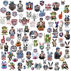 May include: A collection of colorful stickers featuring various designs related to football and the name "Benito." The stickers include images of a man, rabbits, frogs, and footballs, with text such as "Benito Bowl" and "94."