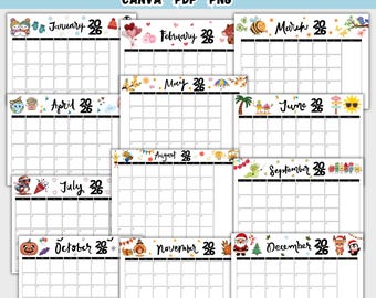 Calendário Mensal 2026, Formato Paisagem, Elegante, Calendário de Parede com 12 Meses, Imprimível em PDF, PNG e Canva, Editável, Planejador para o Ano Novo de 2026