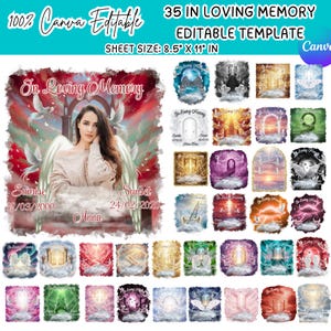 Puede incluir: Un conjunto de plantillas digitales para diseños conmemorativos. El diseño principal presenta a una mujer con alas de ángel, palomas y el texto "In Loving Memory". Incluye 35 plantillas editables, tamaño de hoja 21,59 cm x 27,94 cm.