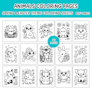 Puede incluir: P&aacute;ginas para colorear en blanco y negro con varios animales, incluyendo un p&aacute;jaro, una foca, un murci&eacute;lago, un pollito, un zorro, una nutria, una tortuga, un tigre, un conejo, un pony, un zorro, un elefante, una chinchilla, una rana y un cerdo. El texto dice "ANIMALS COLORING PAGES".