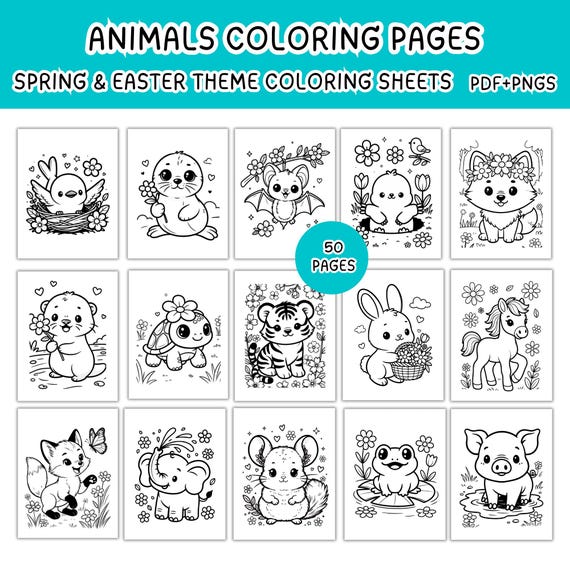 Spring Animals Coloring Pages Bundle,Cute Kawaii Baby Animals Coloring Book,Easter Coloring Sheets Cards, Spring Festive Kids Fun Activities