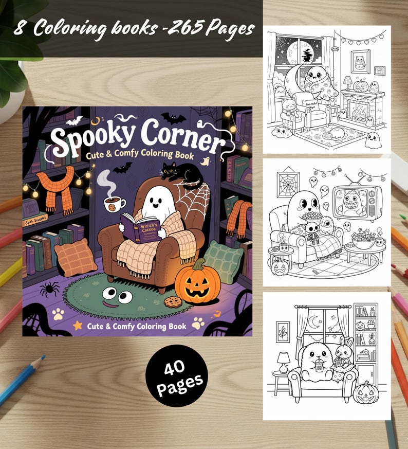 Halloween målarbokspaket 8 böcker 265 sidor Coco Wyo söt mysig läskig bekväm djärv enkla digitala målarbilder i PDF-format för barn tonåringar vuxna bild 2